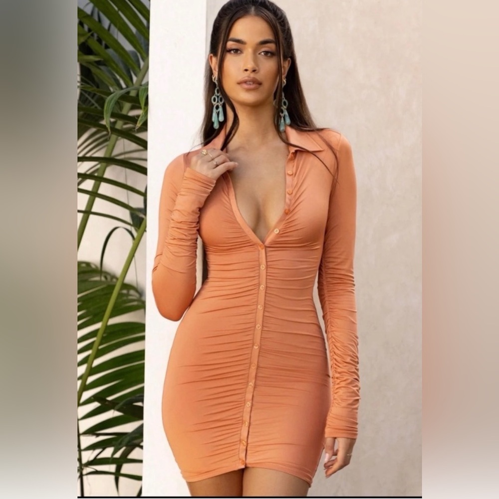 Oh Polly Long Sleeve Ruched Button Front Dress in Peach